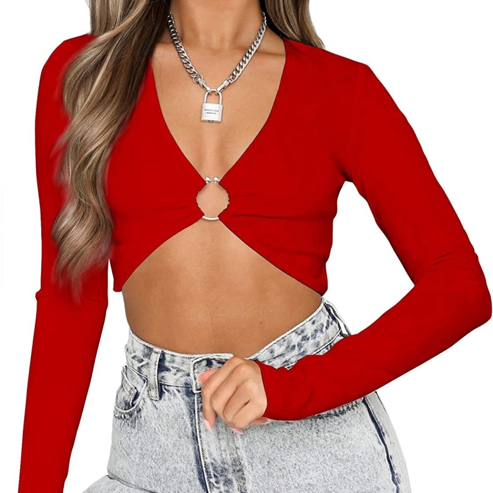 red long sleeve v-neck crop top